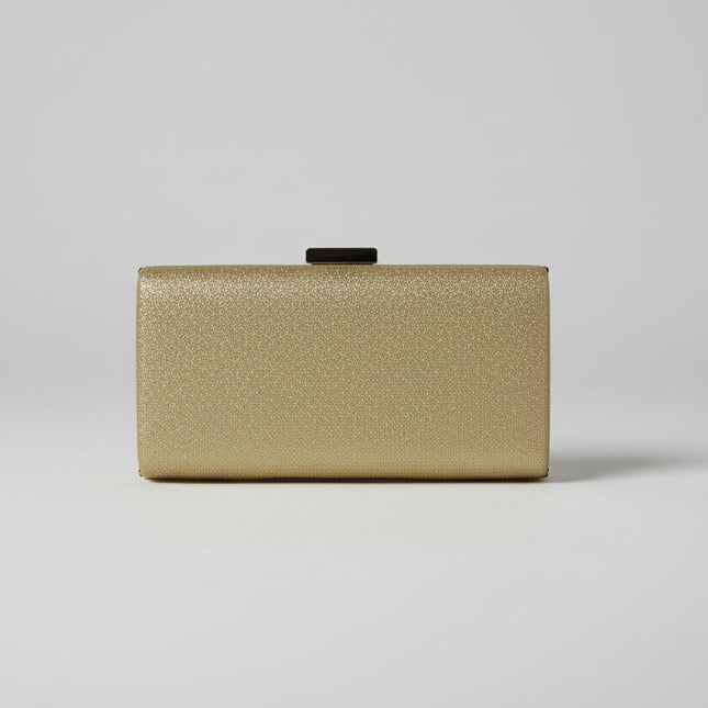 Sparkling gold clutch with gold chain attachment for a strap