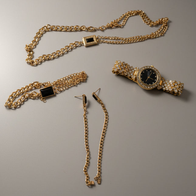 Costume, jewelry earrings, watch bracelet, and necklace