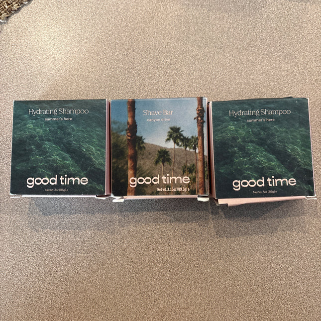 Good time, hydrating shampoo, and shave bar three in a set