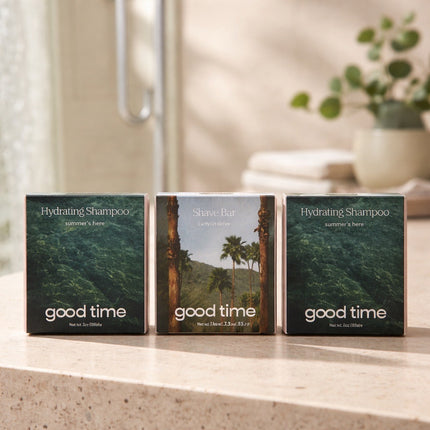 Good time, hydrating shampoo, and shave bar three in a set
