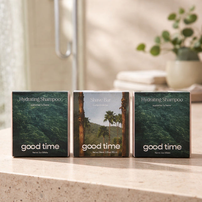 Good time, hydrating shampoo, and shave bar three in a set